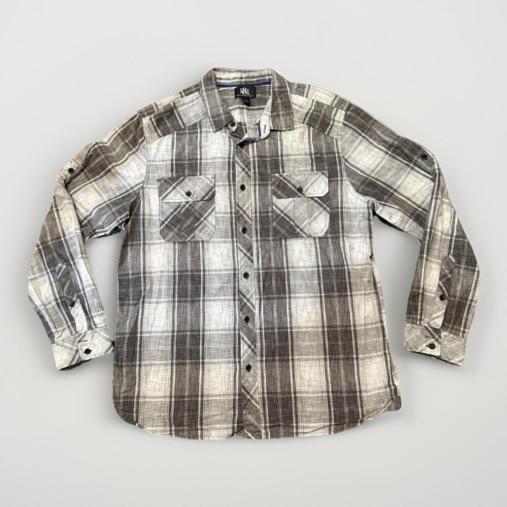 Rock & Republic Shirt Mens XL Black‎ White Plaid Cotton Button Up Long Sleeve